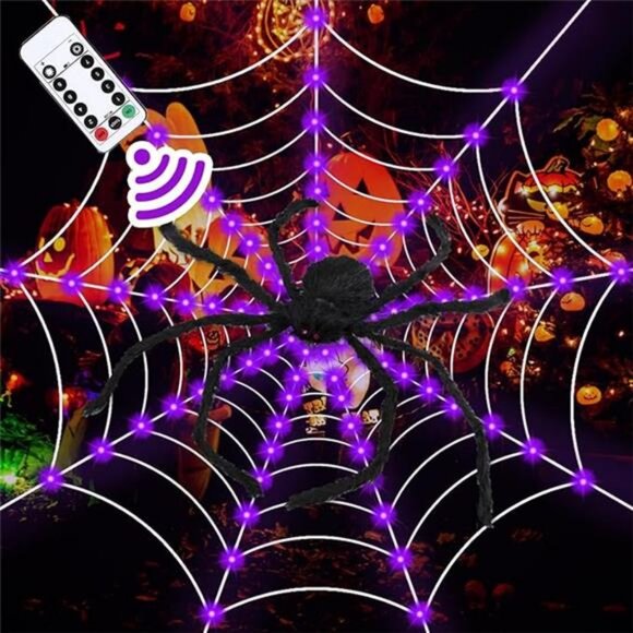 Halloween Decorations, 9FT Diameter Spider Web Lights with Black 4FT Spider - Picture 7 of 7